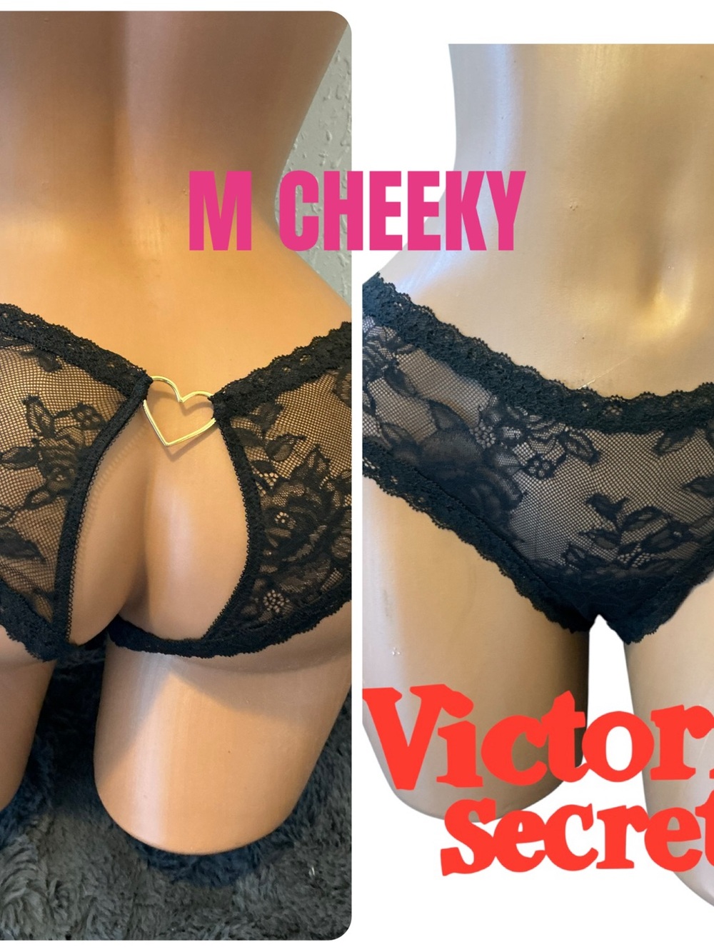 Victoria's Secret Black Lace Cheeky Panty with Heart Accent